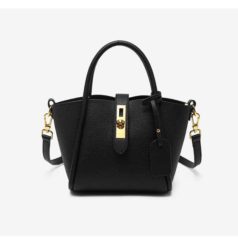 V888-ELOSUNG17057-214181-00 Black Genuine Leather Women's Handbag - Stylish Bucket Bag with Top Handle and Crossbody Strap - Image 1