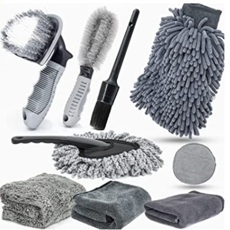 V888-ELOSUNG17072-214611-00 Type B 9-Piece Car Wash Tool Kit - Tire & Wheel Brushes, Wash Mitt, Microfiber Towels, and Wax Sponge Set - Image 1