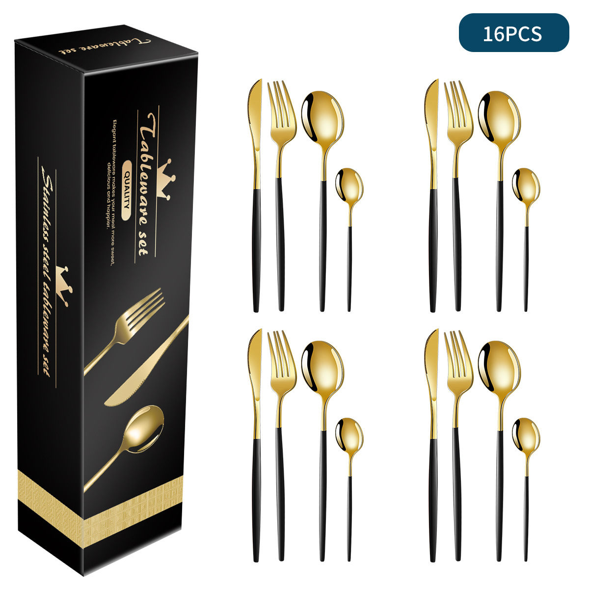 V888-ELOSUNG17142-214508-00 Black And Gold Patchwork Colours 410 Stainless Steel 16-Piece Flatware Set - Elegant Dinnerware with Knife, Fork, Spoon for 4 People - Image 1
