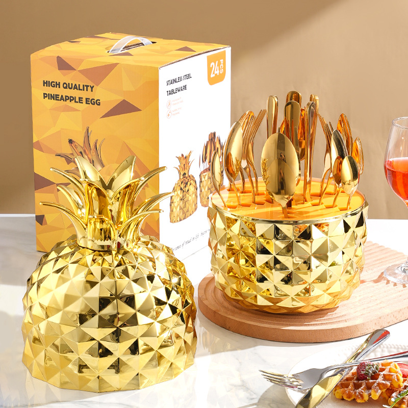 V888-ELOSUNG17143-214510-00 Gold Creative Pineapple-Shaped 410 Stainless Steel 24-Piece Cutlery Set – Elegant 6-Person Dining Gift Set - Image 1