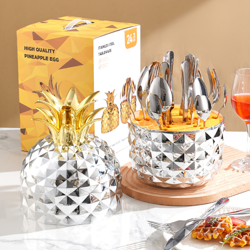 V888-ELOSUNG17144-214512-00 Silver Creative Pineapple-Shaped 410 Stainless Steel 24-Piece Cutlery Set - Elegant 6-Person Dining Gift Set - Image 1