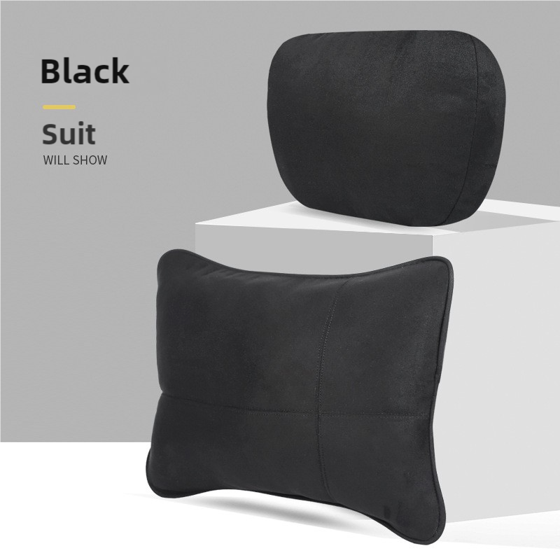V888-ELOSUNG17205-215105-00 Black Luxury Eco-Friendly Suede Car Headrest and Lumbar Cushion Set - Ergonomic Support, All-Season Comfort, Adjustable Straps, and Durable Design for Cars, Office, and Home Use - Image 1