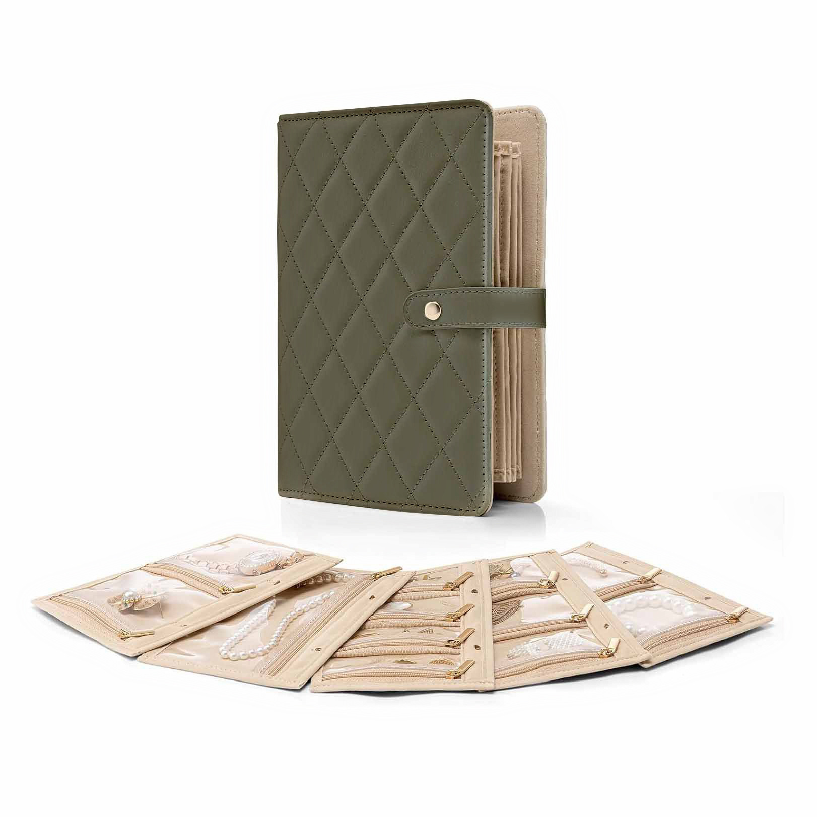 V888-ELOSUNG17277-215265-00 1 Piece Dark Green Luxury Leather Loose-Leaf Jewelry Organizer - Portable Large-Capacity Storage Book for Earrings and Necklaces(Jewellery is a shooting prop and is not included) - Image 1