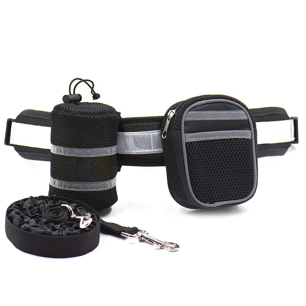 V888-ELOSUNG17326-215541-00 Black Reflective Pet Waist Bag with Hands-Free Leash for Night Safety - Adjustable Waist Pack with Detachable Pouches - Image 1