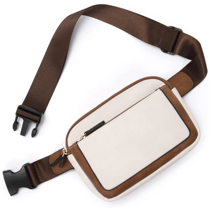 V888-ELOSUNG17344-215666-00 White And Brown Color Matching Adjustable Waterproof PU Leather Waist Bag - Stylish Crossbody Belt Bag for Men & Women - Image 1