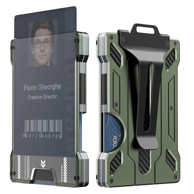 V888-ELOSUNG17361-215783-00 1 Pcs Green Premium RFID Blocking Aluminum Alloy ID Badge Holder with Transparent Card Slot & Money Clip - Image 1