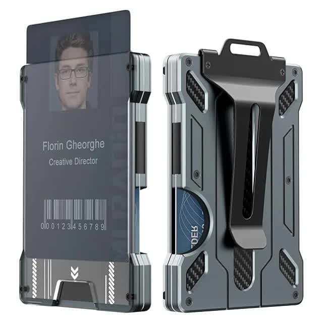 V888-ELOSUNG17365-215789-00 1 Pcs Grey Premium RFID Blocking Aluminum Alloy ID Badge Holder with Transparent Card Slot & Money Clip - Image 1