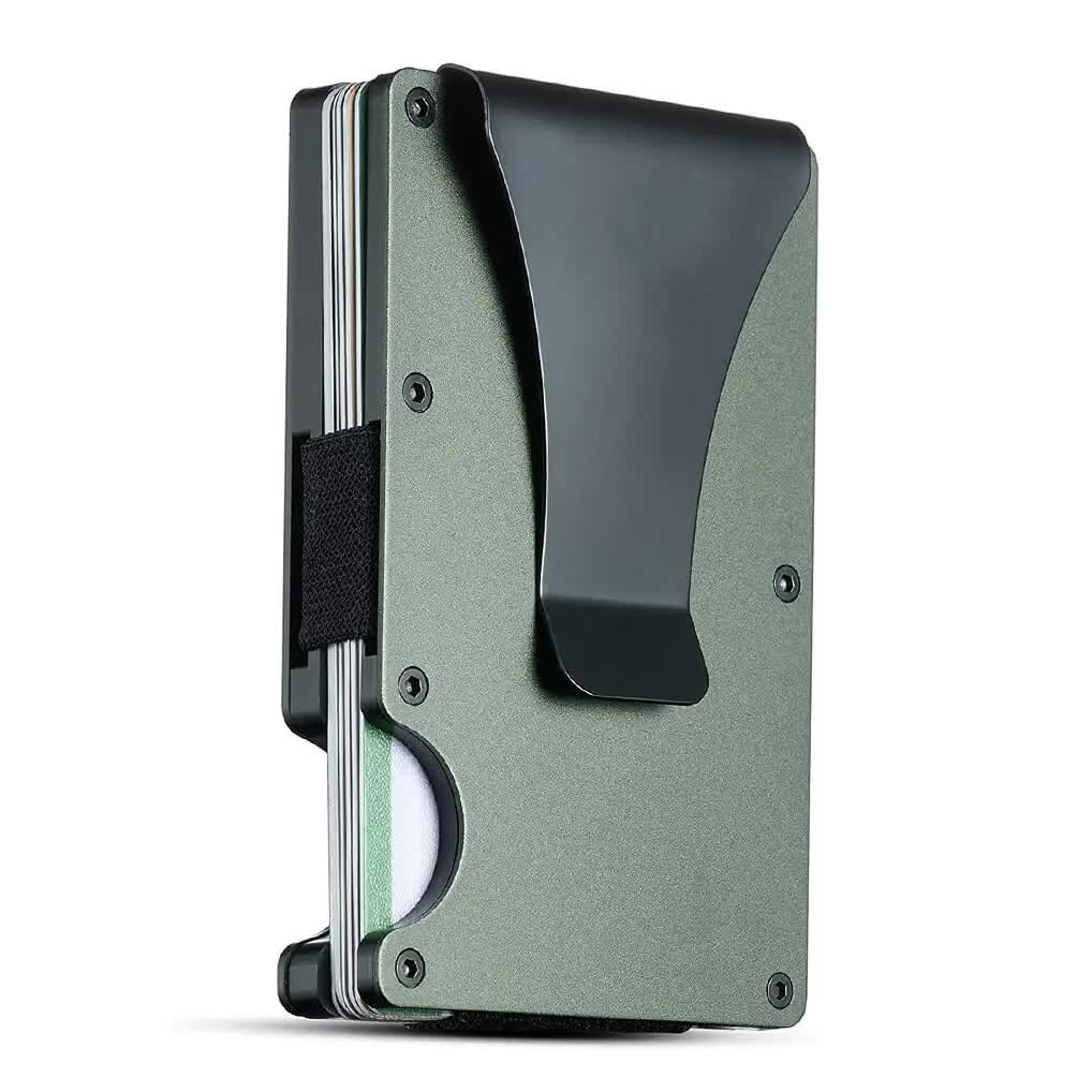V888-ELOSUNG17372-215691-00 2 Pcs Dark Green Aluminum Alloy RFID Blocking Wallet - Compact, Lightweight Credit Card Holder and Money Clip - Image 1