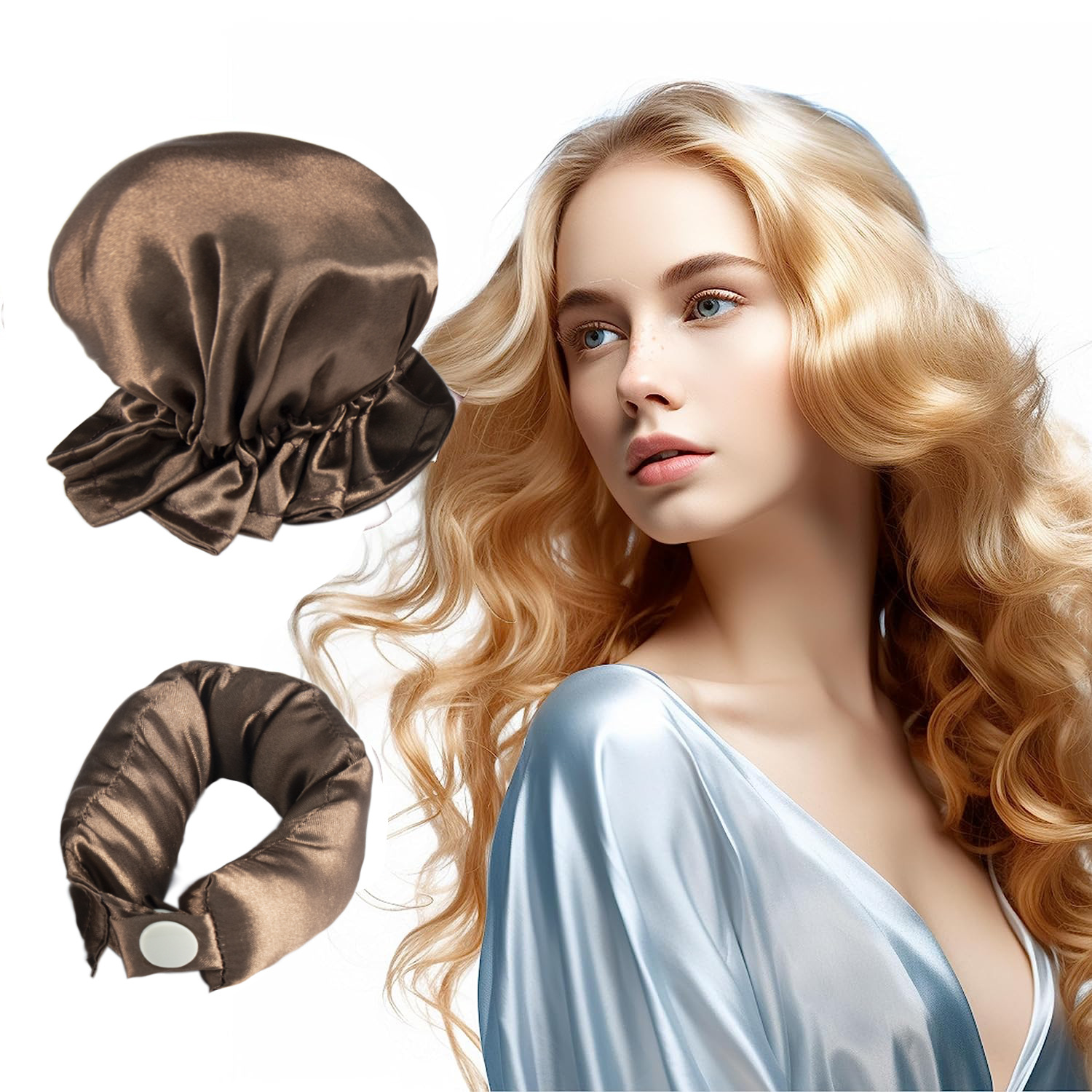 V888-ELOSUNG17450-216043-00 3 Pcs Brown Heatless Hair Curling Satin Set - Easy Sleep-In Curler for Beautiful Waves - Image 1