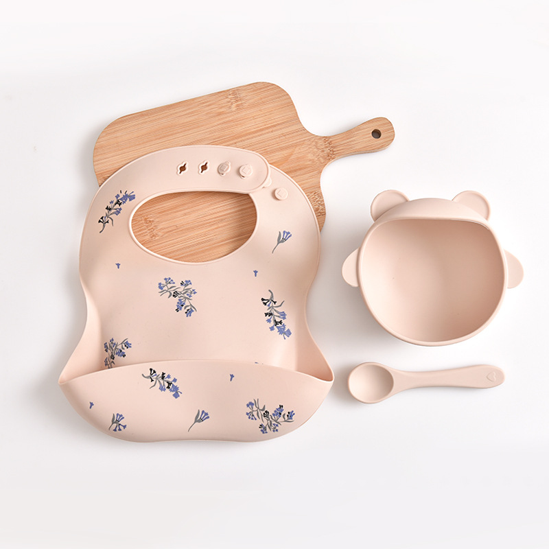 V888-ELOSUNG17458-216111-00 Lilac Pattern Beige Soft and Safe Silicone Baby Feeding Set - Bib, Bowl, and Spoon Combo for Mess-Free Meals - Image 1