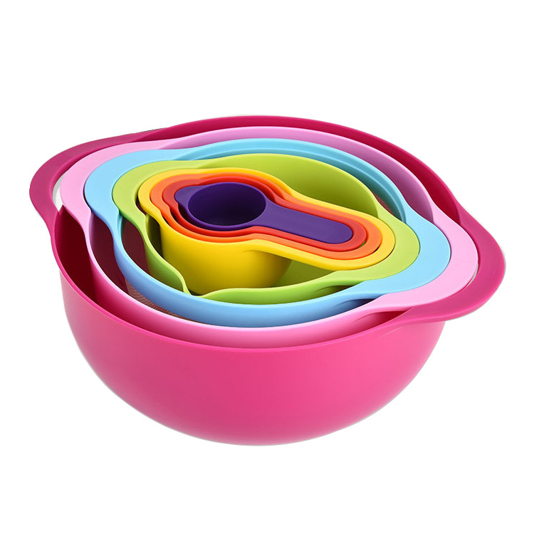 V888-ELOSUNG17499-216308-00 Pink 8-Piece Baking Tool Set - Measuring Cups, Spoons, Rainbow Mixing Bowls, Vegetable Washing Basket, and Flour Sifter - Image 1