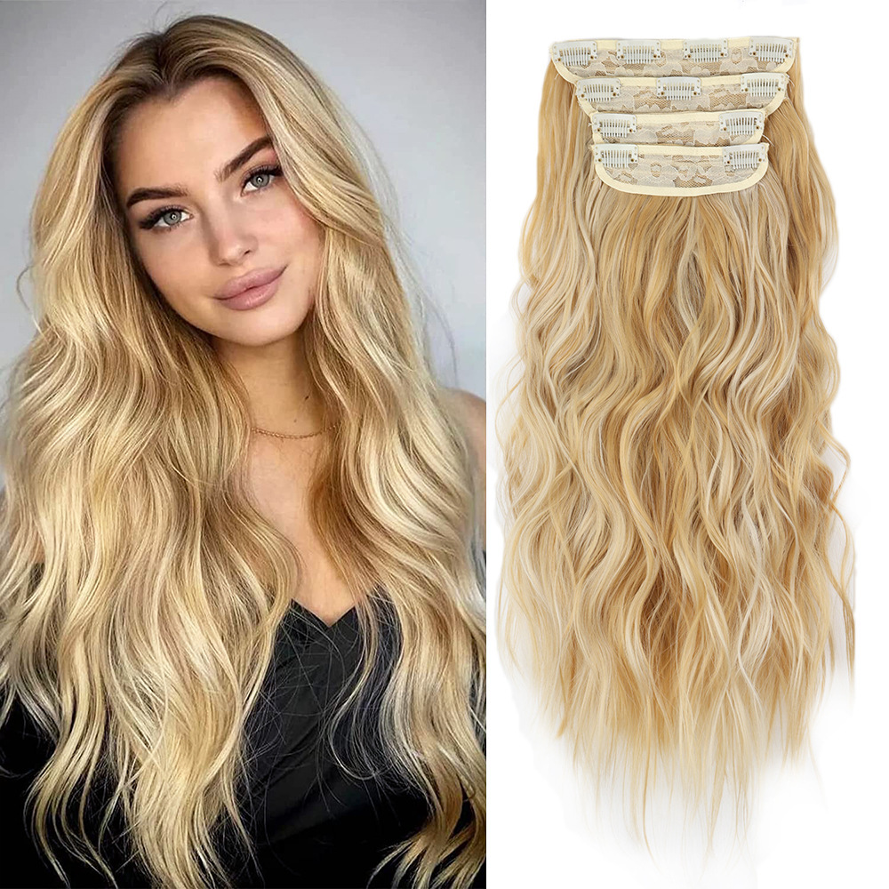 V888-ELOSUNG17510-216318-00 4 Pcs Set Gold High-Quality Wavy Clip-In Hair Extensions Set - 50cm, 200g, Synthetic Fiber - Voluminous Beach Waves for Instant Hair Makeover - Image 1