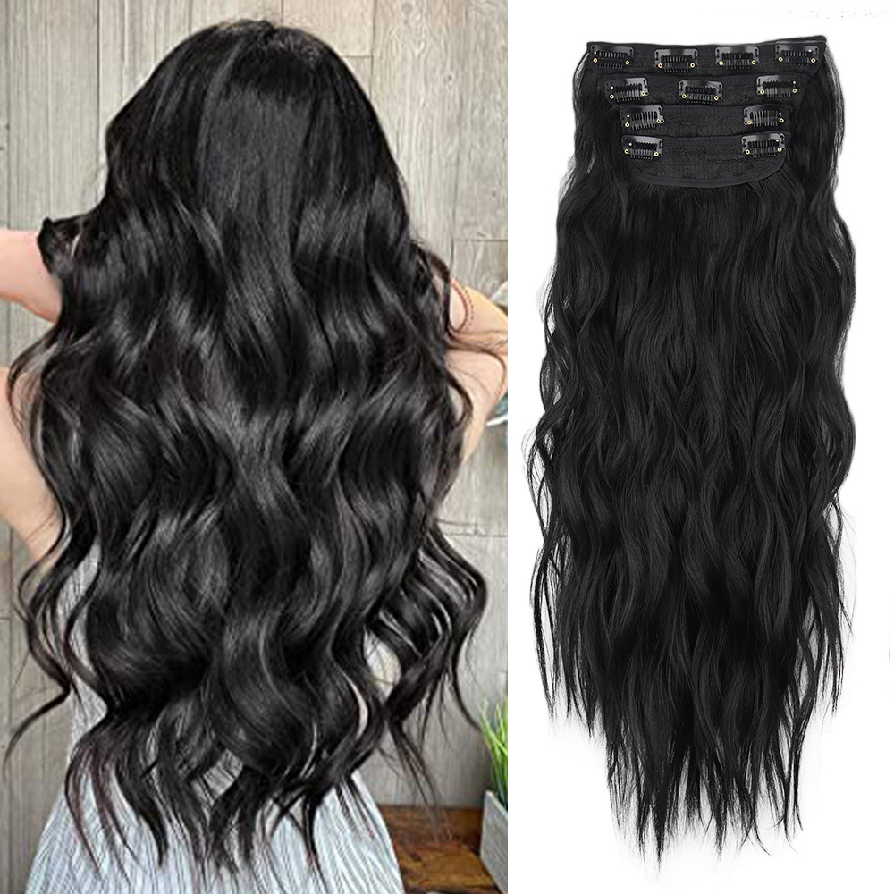 V888-ELOSUNG17511-216319-00 4 Pcs Set Black High-Quality Wavy Clip-In Hair Extensions Set - 50cm, 200g, Synthetic Fiber - Voluminous Beach Waves for Instant Hair Makeover - Image 1