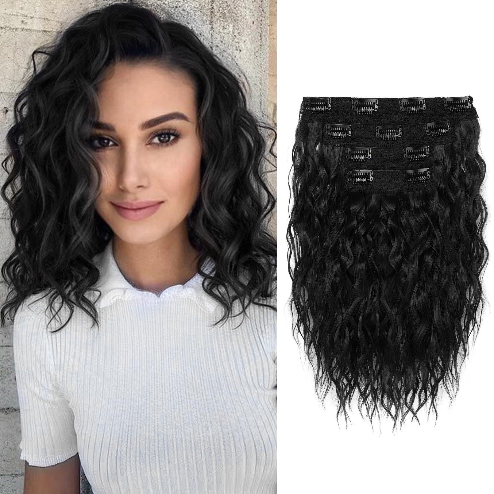 V888-ELOSUNG17524-216455-00 Black 12-Inch Clip-in Wavy Hair Extensions - 4-Piece Set, Easy to Apply, Instant Volume Boost - Image 1