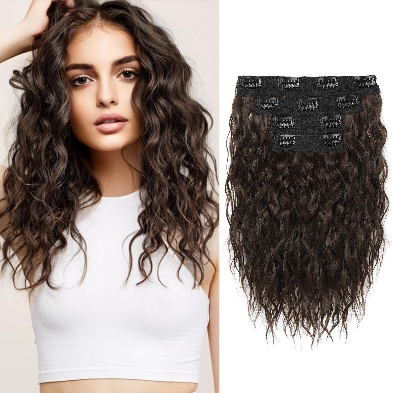 V888-ELOSUNG17525-216456-00 Coffee 12-Inch Clip-in Wavy Hair Extensions - 4-Piece Set, Easy to Apply, Instant Volume Boost - Image 1