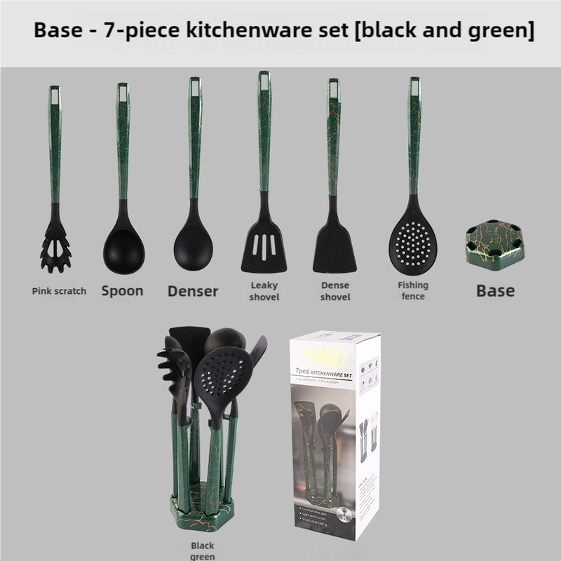 V888-ELOSUNG17550-216375-00 Black And Green Set High-Temperature Resistant 7-Piece Silicone Kitchen Utensils Set - Non-Stick Cooking Tools, Food-Grade Silicone, Heat-Resistant Spatulas, and Spoons for Non-Stick Pans - Image 1
