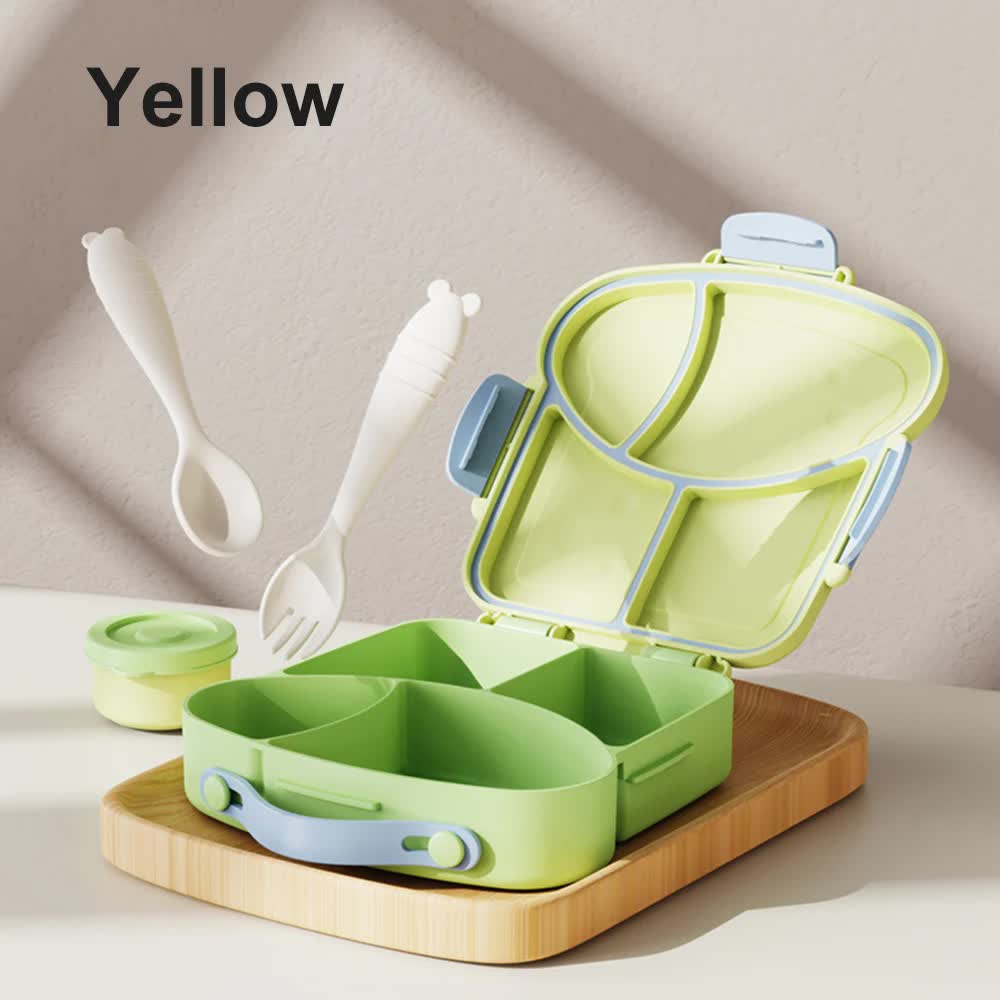 V888-ELOSUNG17577-216391-00 Yellow And Green Kids Bento Box with Dividers, Microwave Safe, Leak-Proof Lunch Box with Fork & Spoon - Eco-Friendly PP Plastic, Colorful, Leakproof Food Storage - Image 1