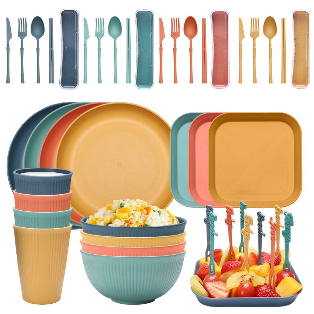 V888-ELOSUNG17614-216610-00 Four-person Set Multicolor Eco-Friendly Wheat Straw Dinnerware Set, Plate, Bowl, Cup & Utensil Set - Lightweight, Reusable, and Durable for Home, School, and Travel - Image 1