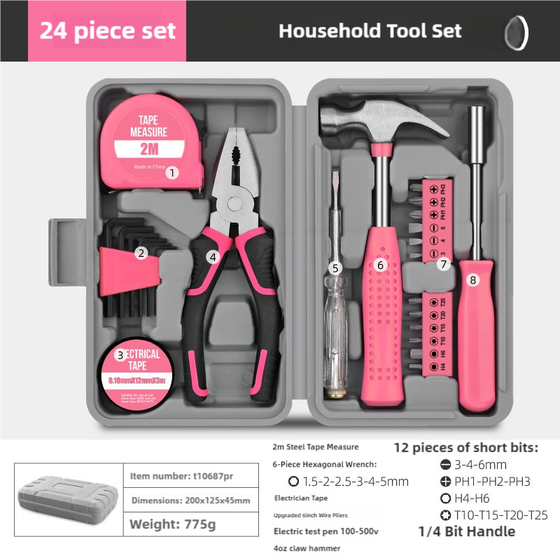 V888-ELOSUNG17628-216934-00 Pink 24-Piece Household Tool Set, Complete Home Repair Kit with Tape Measure, Pliers, Screwdrivers, Hammer, and 12 Bits Set - Image 1