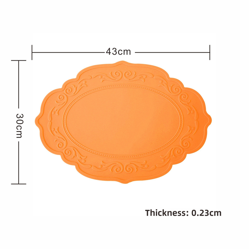 V888-ELOSUNG17643-216864-00 2 Pcs Orange Oval Embossed Floral Edged Silicone Placemats, Non-Slip, Heat-Resistant, Easy-to-Clean Dining Table Mats, Korean and European Style - Image 1