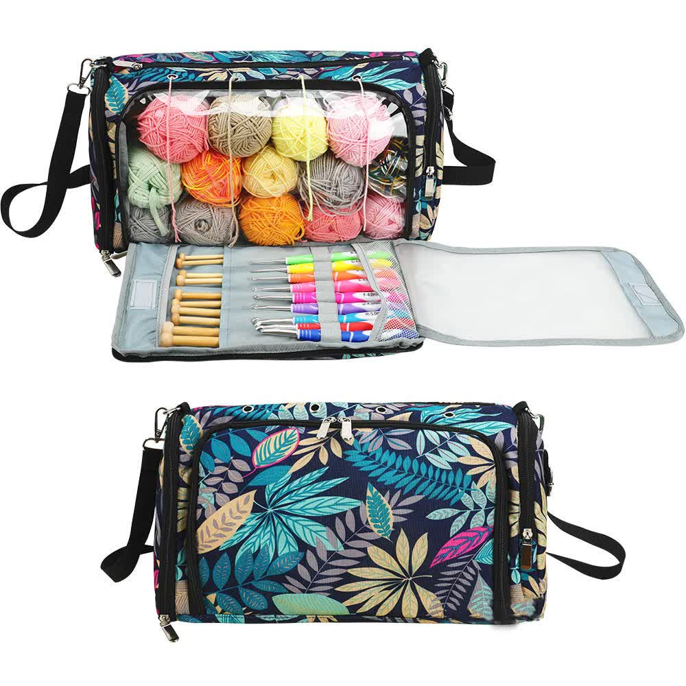 V888-ELOSUNG17653-218421-00 Leaf pattern Multi-Functional Crochet Hook and Yarn Storage Bag - Convenient Carrying Case for Crochet, Knitting Tools, and Yarn, with Stylish Pattern Design (Tools Not Included) - Image 1