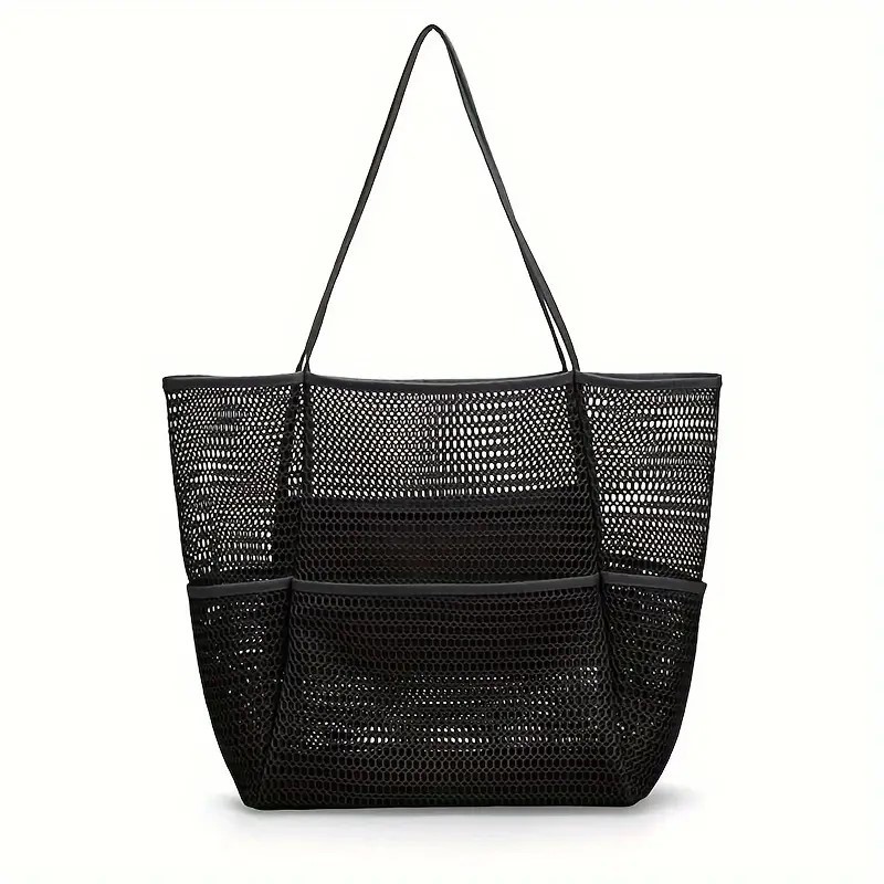 V888-ELOSUNG177342-222285-00 Black Breathable Mesh Beach Tote Bag - Large Capacity Sand-Free Bag with Zipper Pocket & Multi-Purpose Storage - Image 1