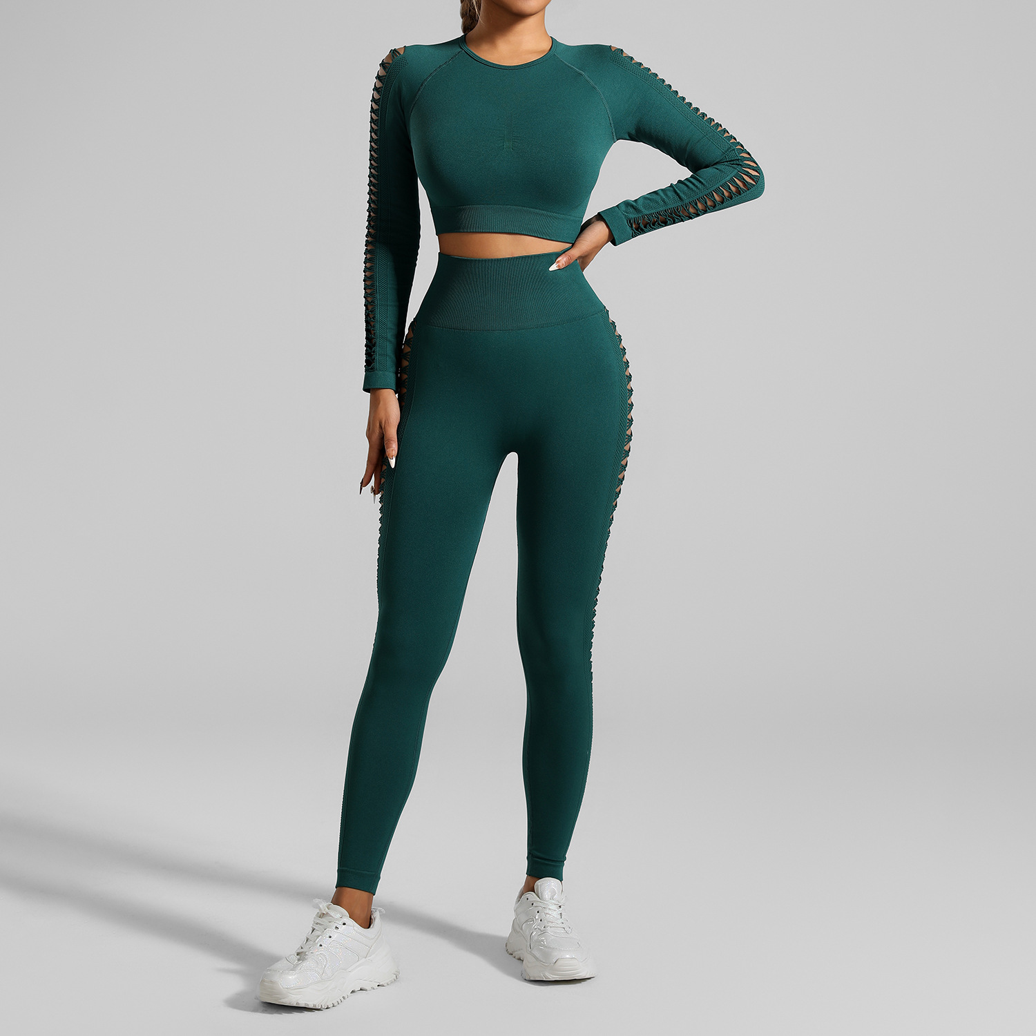 V888-ELOSUNG17866-224610-00 Dark Green Size L Tie-Dye Yoga Set Long Sleeve Butt Lift Leggings Seamless Workout Training Gym Clothes - Image 1