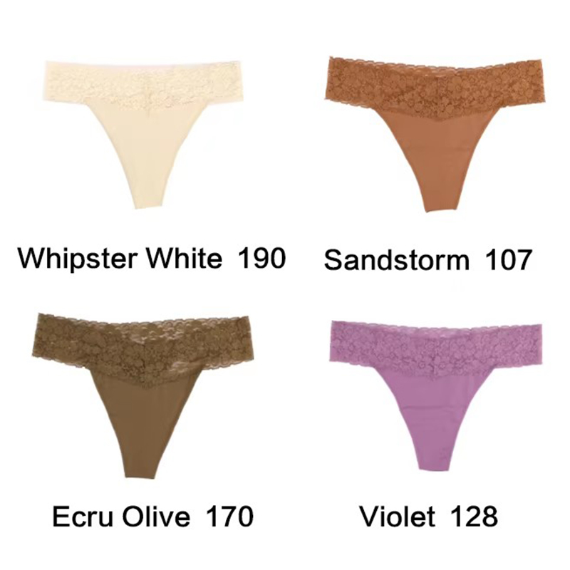 V888-ELOSUNG17939-224684-00 Size L Lace-Trimmed Thong Underwear - 4-Pack in Whipster White,Sandstorm,Ecru Olive and Violet - Image 1