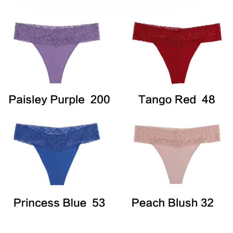 V888-ELOSUNG17944-224147-00 Size L Lace-Trimmed Thong Underwear -4-Pack in Paisley Purple,Tango Red,Princess Blue and Peach Blush - Image 1