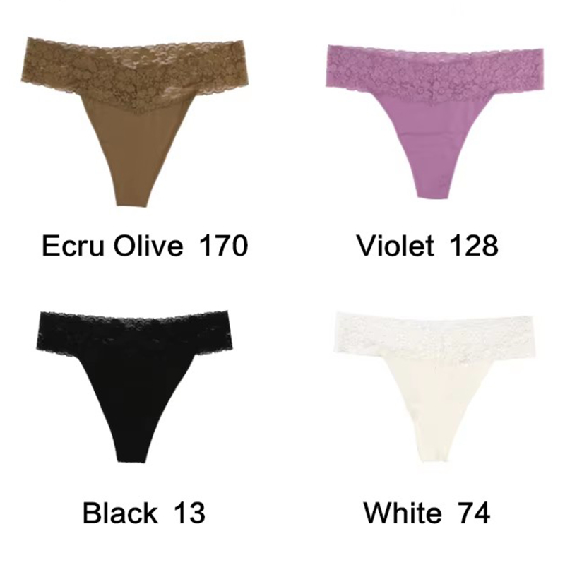 V888-ELOSUNG17947-224156-00 Size L Lace-Trimmed Thong Underwear -4-Pack in Ecru Olive,Violet,Black and White - Image 1