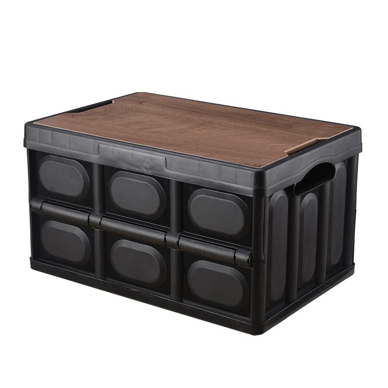 V888-ELOSUNG18052-226750-00 30L Black Foldable Storage Box with Wooden Lid - Multifunctional Car Organizer, Outdoor Folding Storage Container - Image 1