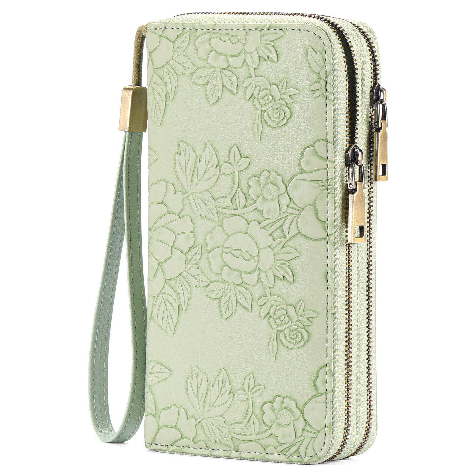 V888-ELOSUNG18165-202504211221-00 Women's Large Capacity Double Zip Wallet Clutch | PU Leather Floral Embossed Wristlet | Phone Holder with 24 Card Slots - Green - Image 1