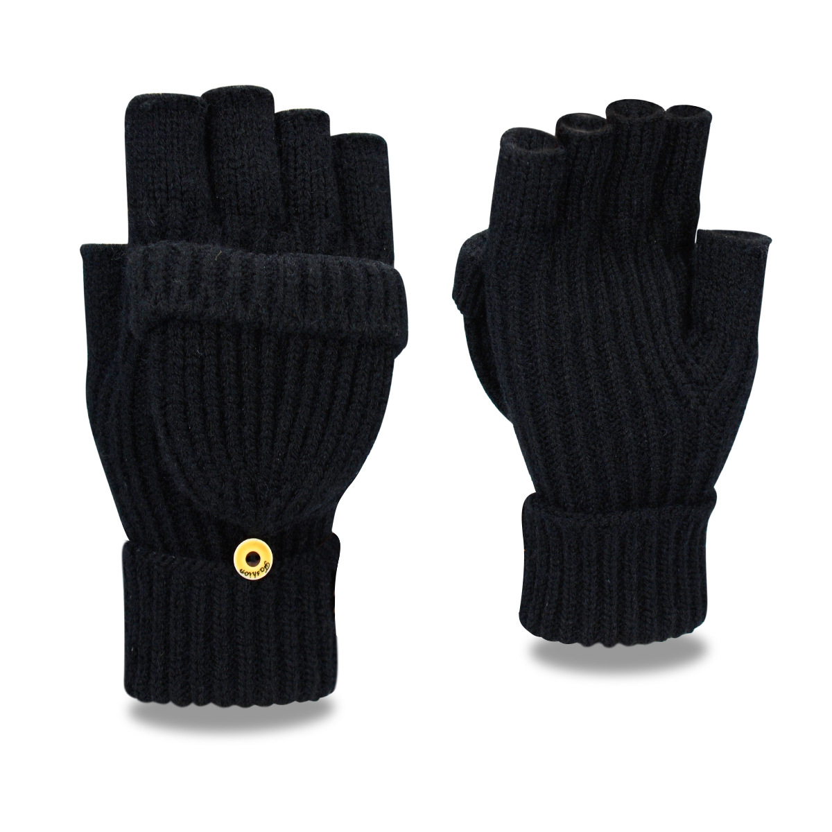 V888-ELOSUNG18302-202506101831-00 Black Winter Convertible Mittens - Warm Knitted 2-in-1 Fingerless Gloves with Flip Top Cover for Cold Weather - Image 1