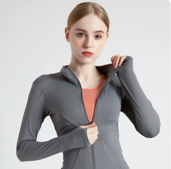 V888-ELOSUNG19017-224652-00 XL Grey High-Stretch Slim Fit Yoga Jacket - Full Zip Workout Sports Jacket for Women - Image 1