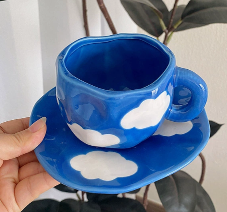 V888-ELOSUNG19224-202502241610-00 Blue Sky and White Clouds 300ML Underglaze Hand-Pinched Cup and Saucer Set - Ceramic Coffee Mug Milk Cup Breakfast Set - Image 1