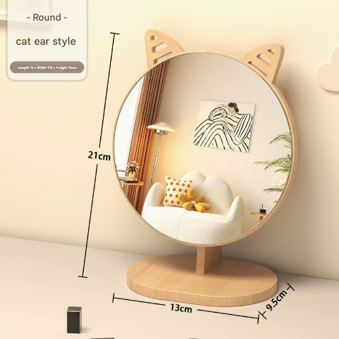 V888-ELOSUNG19446-202503031021-00 Cartoon Cat Ear Mirror Tabletop Makeup Mirror - Large Wooden Swivel Vanity Mirror for Desk - Image 1