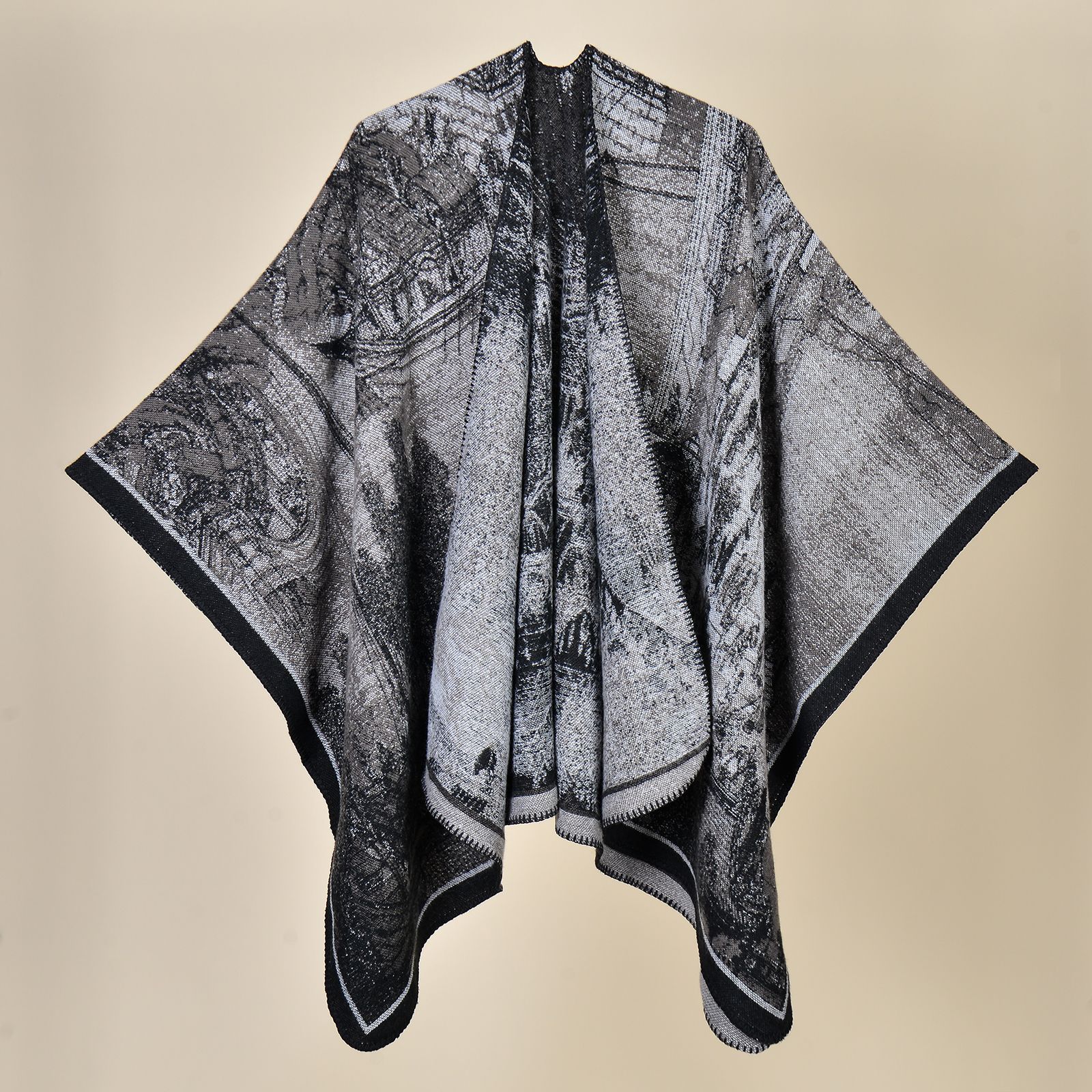 V888-ELOSUNG19650-202503111115-00 Jiangnan Water Town Elegant Autumn Winter Shawl - Artistic Split-Design Knit Cloak with Oil Painting Style - Image 1
