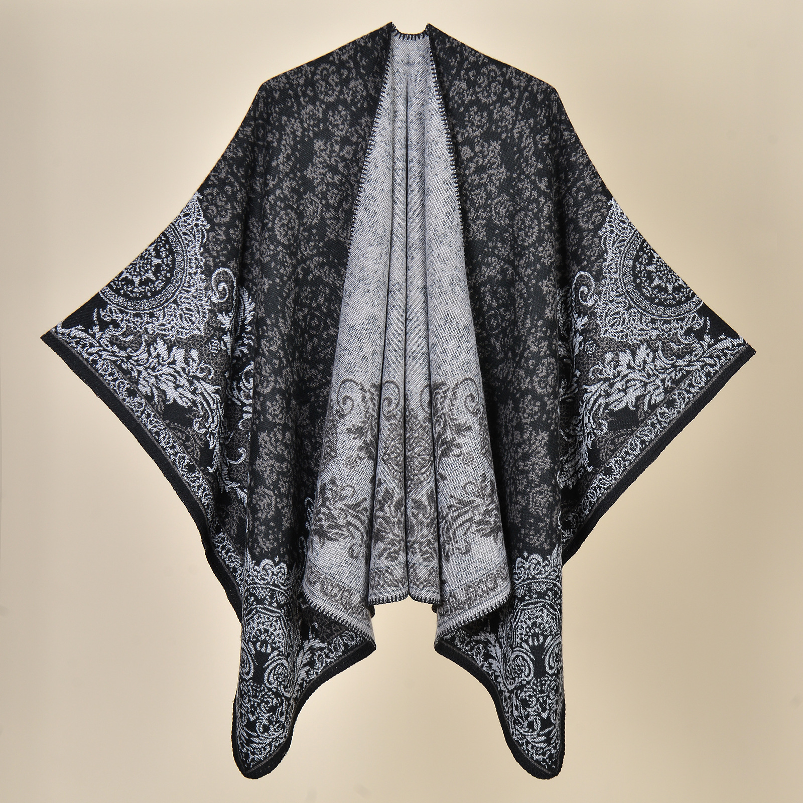 V888-ELOSUNG19667-202503111116-00 Palace Classical-Black Elegant Autumn Winter Shawl - Artistic Split-Design Knit Cloak with Oil Painting Style - Image 1