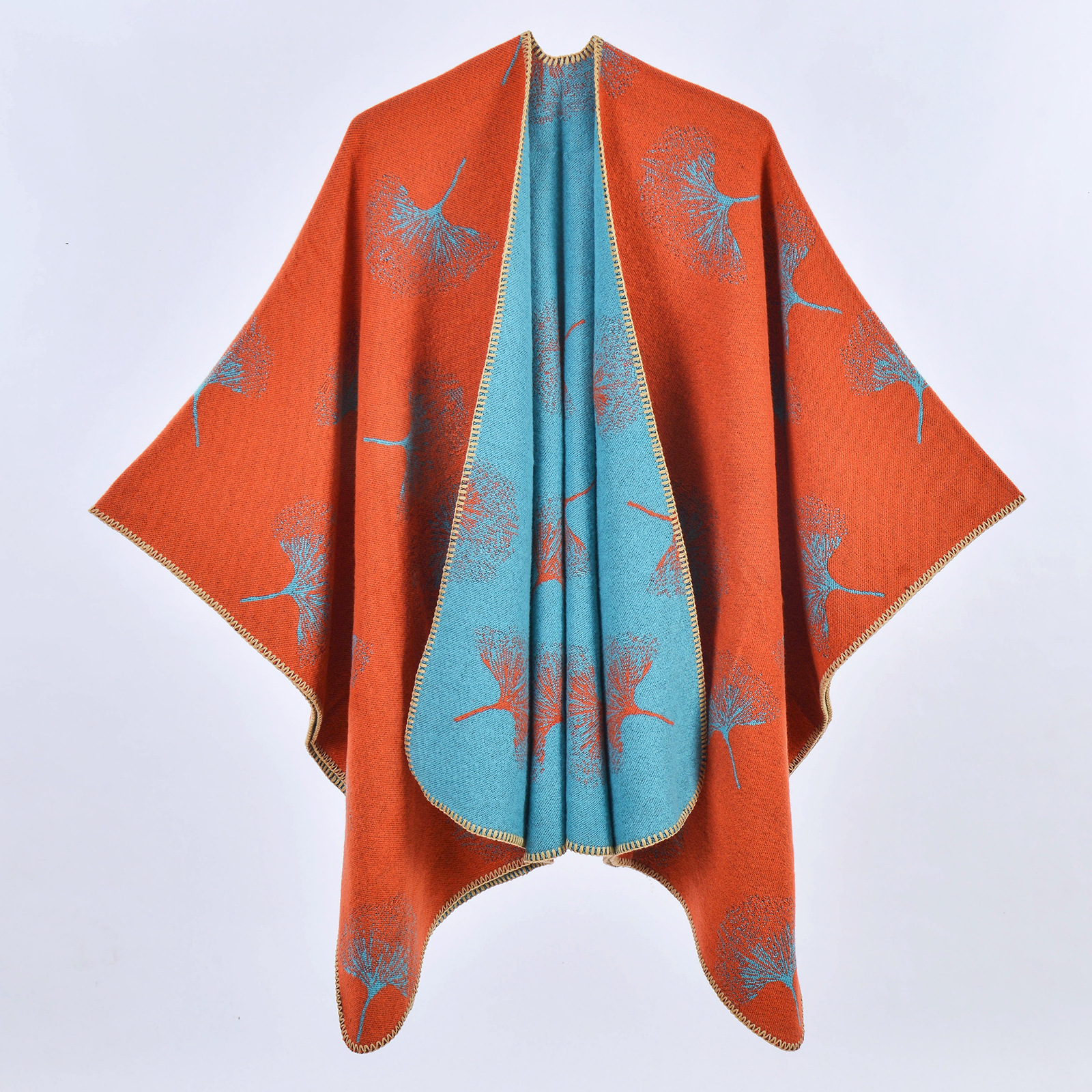 V888-ELOSUNG19677-202503111120-00 Ginkgo Biloba Orange Gold Elegant Autumn Winter Shawl - Artistic Split-Design Knit Cloak with Oil Painting Style - Image 1