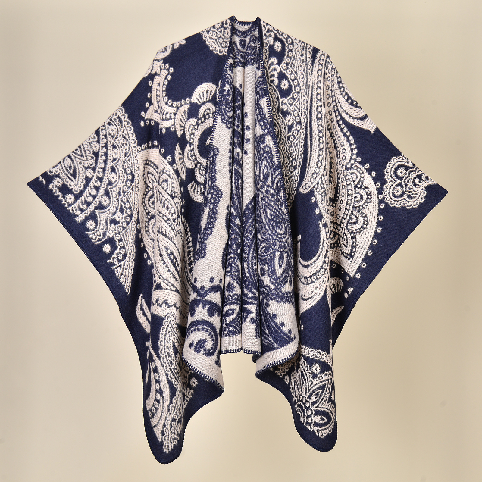 V888-ELOSUNG19684-202503111121-00 Cubic Cashew-Navy Elegant Autumn Winter Shawl - Artistic Split-Design Knit Cloak with Oil Painting Style - Image 1