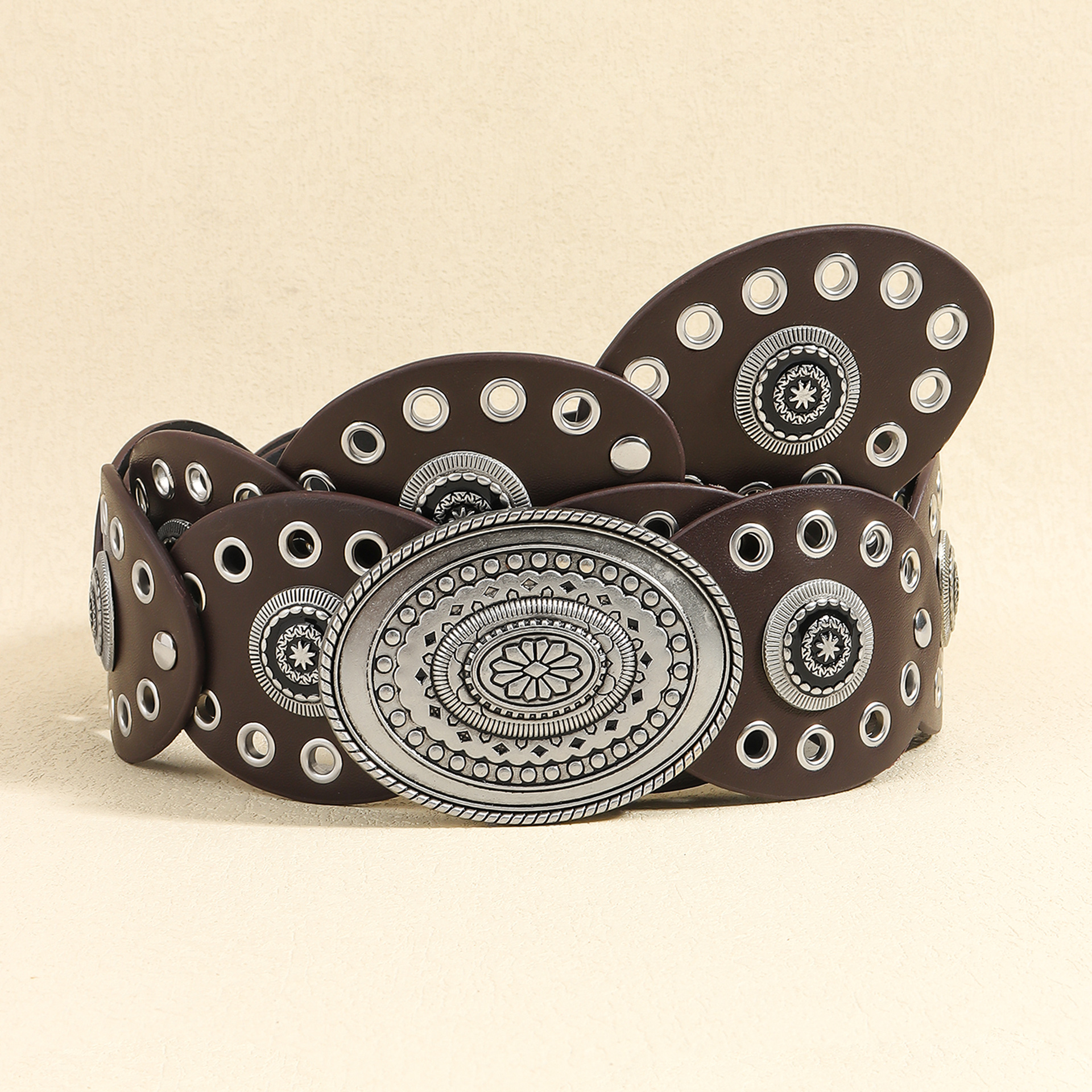 V888-ELOSUNG19821-202503181006-00 Antique Silver-coloured Vintage Western Post-Apocalyptic Women's Waist Belt with Eyelet Oval Carvings - Image 1