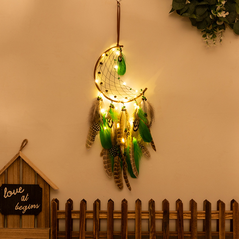 V888-ELOSUNG19928-202503211733-00 Crescent With Lights Boho Forest Dreamcatcher Wind Chime Pendant - INS Style Moonlit Serenity Decor - Image 1