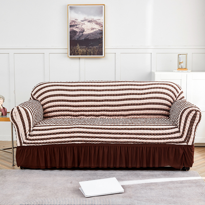 V888-ELOSUNG19945-202503211813-00 Pink-coffee Single Sofa Bubble Gauze Sofa Cover with Skirt - Full Elastic Dustproof Single Seater 90-140cm - Image 1