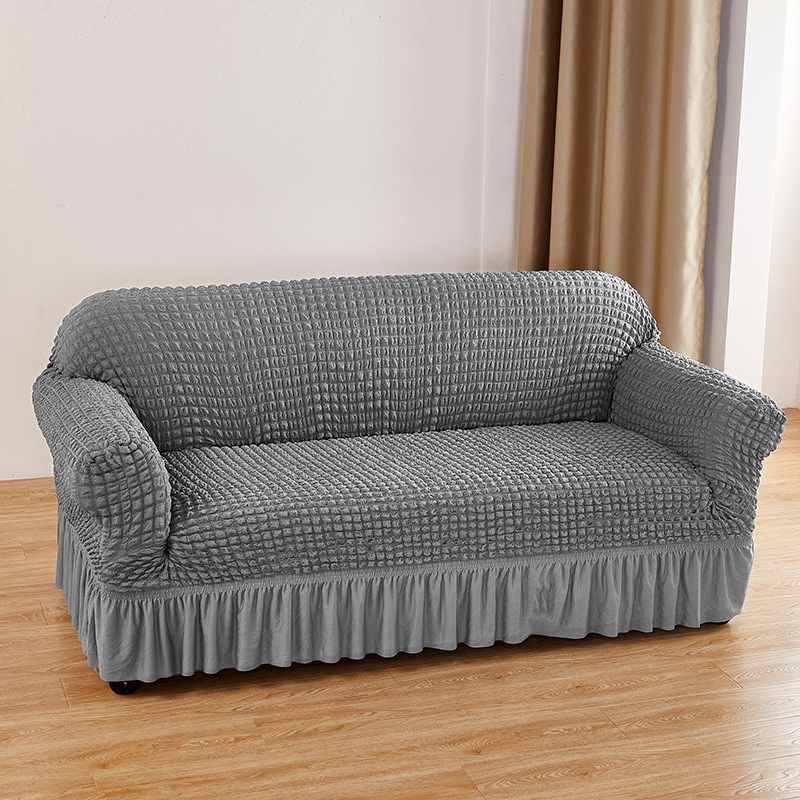 V888-ELOSUNG19959-202503211616-00 Silver-grey Double Sofa Bubble Gauze Sofa Cover with Skirt - Full Elastic Dustproof Double Seater 145-185cm - Image 1
