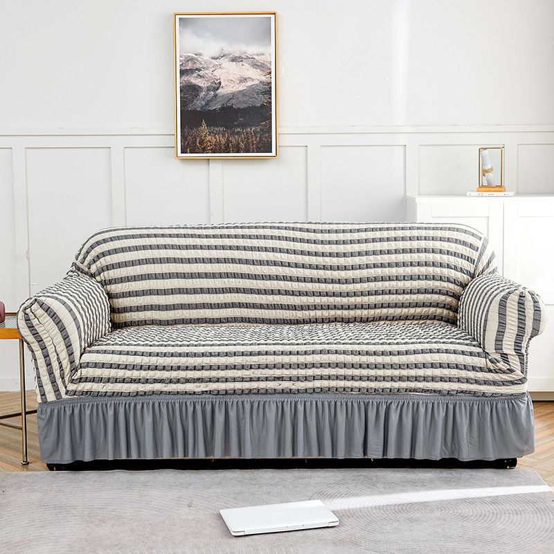 V888-ELOSUNG19965-202503211620-00 Grey-white Double Sofa Bubble Gauze Sofa Cover with Skirt - Full Elastic Dustproof Double Seater 145-185cm - Image 1