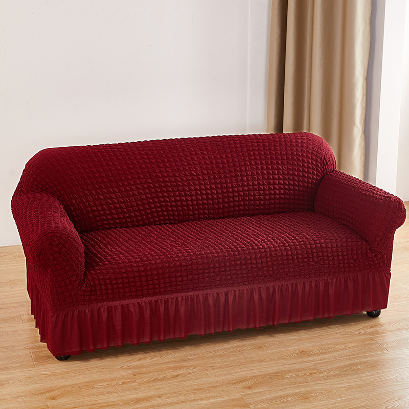 V888-ELOSUNG19973-202503211523-00 Wine-red Three-person Sofa Bubble Gauze Sofa Cover with Skirt - Full Elastic Dustproof Three-person Seater 190-230cm - Image 1