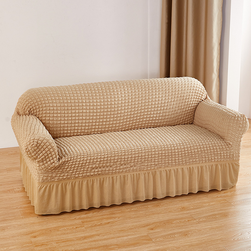 V888-ELOSUNG19975-202503211523-00 Beige Three-person Sofa Bubble Gauze Sofa Cover with Skirt - Full Elastic Dustproof Three-person Seater 190-230cm - Image 1