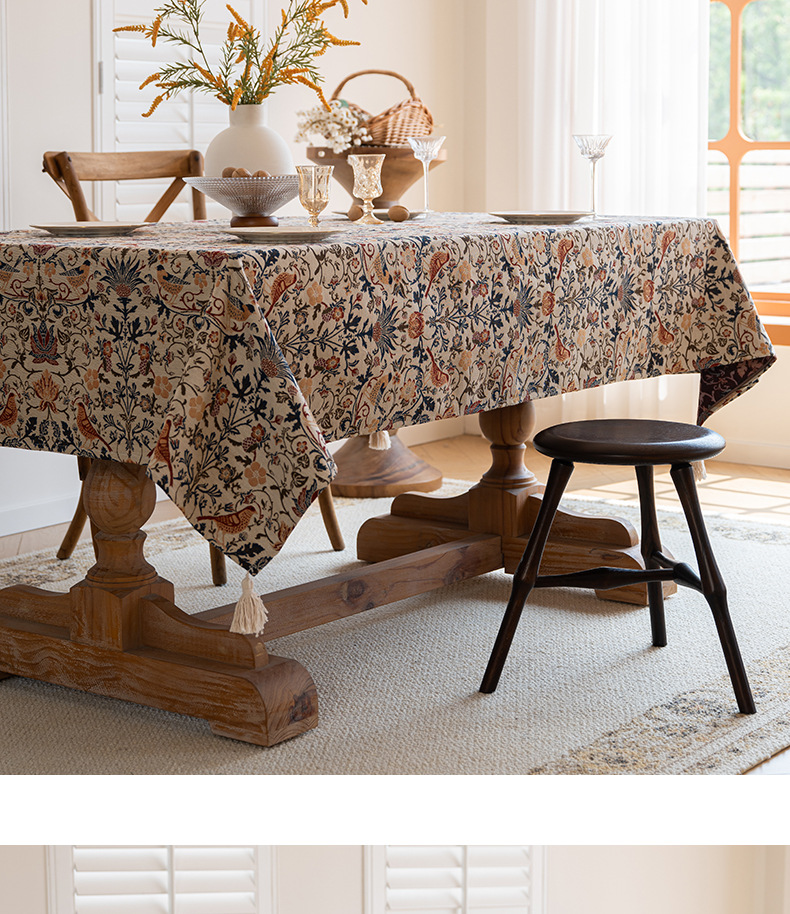 V888-ELOSUNG20029-224202-00 Floral Vintage Bird Tassel Tablecloth | Vintage Cotton and Linen Jacquard Tablecloth, 120*160cm - Image 1