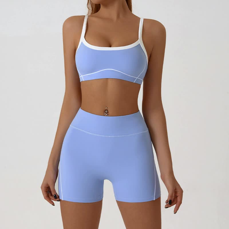 V888-ELOSUNG20078-224389-00 Blue Sporty Yoga Set with Contrast Spaghetti Straps - Slim Fit Outdoor Fitness Wear - Size XL - Image 1