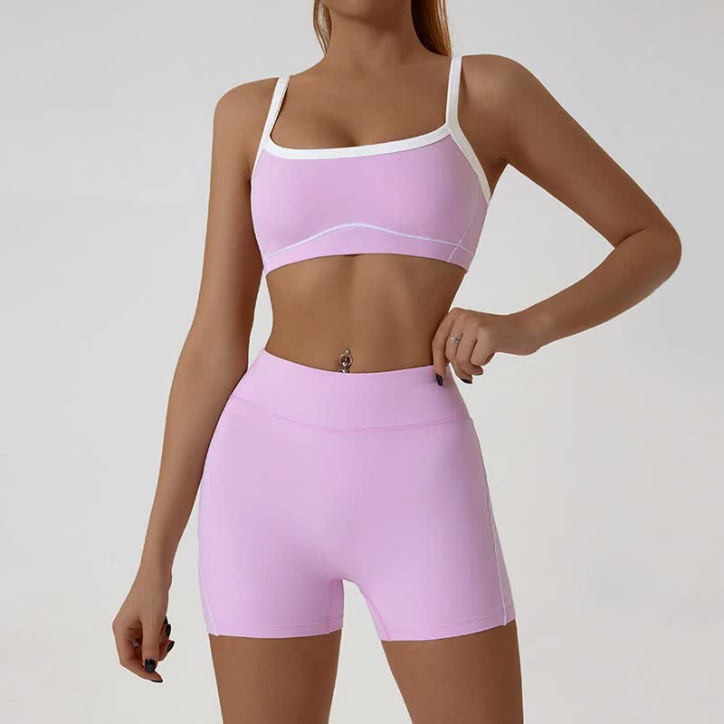 V888-ELOSUNG20081-224415-00 Pink Sporty Yoga Set with Contrast Spaghetti Straps - Slim Fit Outdoor Fitness Wear - Size L - Image 1